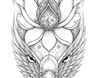 Lotus Eagle Tattoo Design | Boho Mandala Tattoo | Sacred Geometry Floral Art | Black & White Printable Tattoo | Digital Download PNG