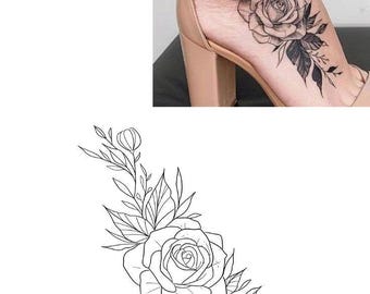Rose Flower Tattoo Design | Floral Rose Line Art | Botanical Tattoo Stencil | Instant Download PNG SVG PDF | Ankle Tattoo Design | Digital T
