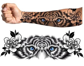 Tiger Eyes Floral Tattoo Design | White Tiger Sleeve Tattoo | Blue Eyes Tattoo Art | Floral Forearm Tattoo | Printable Ta | Digital Download