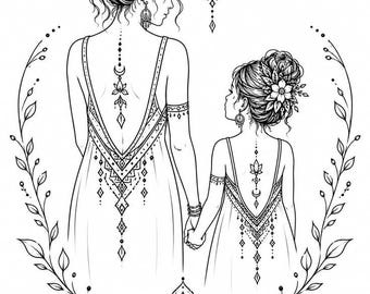Mother and Daughter Line Art Print, Boho Family Wall Art, Minimalist Floral Woman Illustration, Printable Wall Decor, Digital Download, Bla