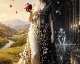 Dualiteit godin Art Print, licht en duisternis muur decor, granaatappel mythologie poster, Fantasy Woman afdrukbare kunst, digitale download