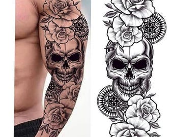 Skull and Rose Tattoo Design Digital Download | Gothic Floral Sleeve Tattoo | Mandala Skull Tattoo Printable Art | PNG JPG PDF Instant Downl