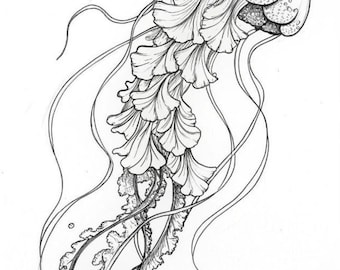 Jellyfish Line Art Printable | Ocean Wall Art Digital Download | Minimalist Sea Life Sketch | Black and White Marine Illustration | Tattoo