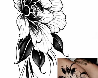 Floral Tattoo SVG | Black & White Peony Flower Line Art | Botanical Tattoo Design | Cricut Cut File | Laser Engraving SVG | Digital Download