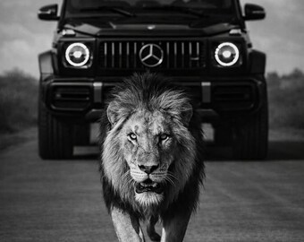 Lion & Luxury SUV Printable Wall Art, Black and White Lion Poster, Luxury Car Wall Decor, Modern Masculine Art, Office Print,Download, Digit