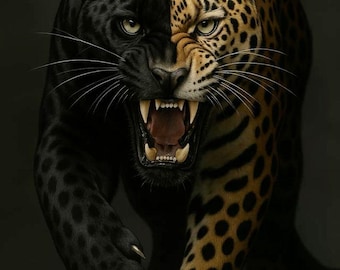 Black Panther & Leopard Split Face Wall Art Printable | Wild Cat Digital Download | Modern Animal Poster | Printable Wall Decor | IDownload