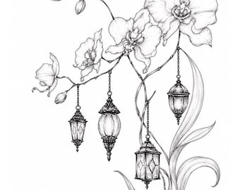 Orchid Lantern SVG | Floral Botanical Line Art | Elegant Hanging Lantern Design | Cricut Cut File | Boho Wall Art | Digital Download PNG SVG
