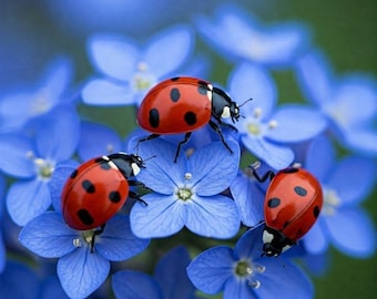 Ladybug on Blue Flowers Printable Wall Art | Nature Photography Print | Spring Garden Decor | Red Ladybug Poster | BotanicalDigital Download
