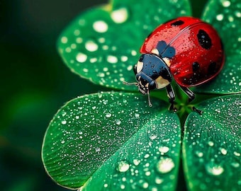 Ladybug on Four Leaf Clover Printable Wall Art | Lucky Nature Photography Print | Green Botanical Poster | Instant Digital Download | Cottag