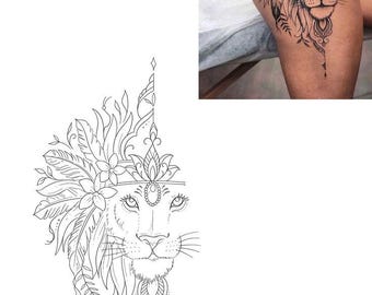Boho Lioness Tattoo SVG Bundle | Floral Lion Tattoo Design | Feminine Tribal Line Art | PDownload Digital