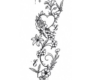 Floral Butterfly Letter L & C Tattoo Design PNG | Elegant Monogram Digital Download | Personalized Floral Initial Art | Fine Line Tattoo Des