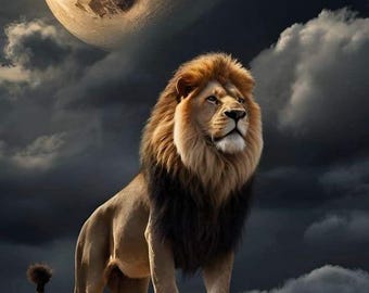 Moon Lion Printable Wall Art, Majestic Lion Under Full Moon, Night Sky Wildlife Print, Modern Animal Poster, Instant Download, Digital Wall