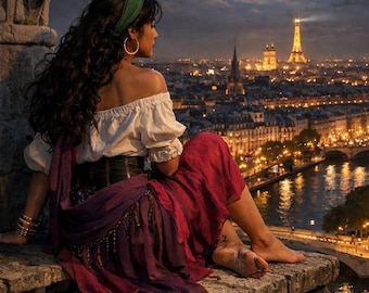 Parijs avond boho vrouw Art Print, romantisch Parijs muur decor, Eiffeltoren nacht uitzicht poster, vintage Parijse digitale download, printa