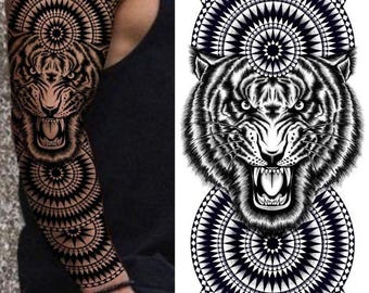 Digital nedladdning av tigermandala-tatueringsdesign | Geometrisk tigerärmtatuering | Utskrivbar tribal tatueringskonst | PNG JPG PDF direktnedladdning