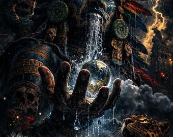 Azteekse mythologie kunst aan de muur afdrukbare, oude Meso-Amerikaanse poster, Maya-fantasie digitale download, heilige tribale kunst, decor donkere mythologie