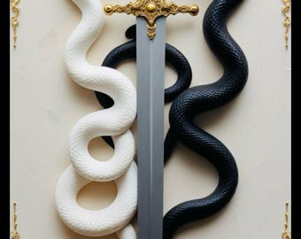 Black & White Snake Sword Wall Art Printable | Yin Yang Serpent Digital Download | Gothic Fantasy Decor | Japanese Sword Poster | Dark Aesth