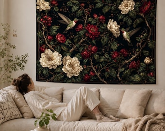 Hummingbird Tapestry Dark Floral Wall Hanging Botanical Peony Vintage Chinoiserie Boho Bedroom Dorm Decor