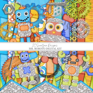 May include: Digital clipart set featuring colorful robots with gears, bolts, and other mechanical elements. The robots are made of silver foil and have blue, red, and green accents. The text "JC Sweetpea Designs" and "Mr. Roboto Digital Kit" is included.