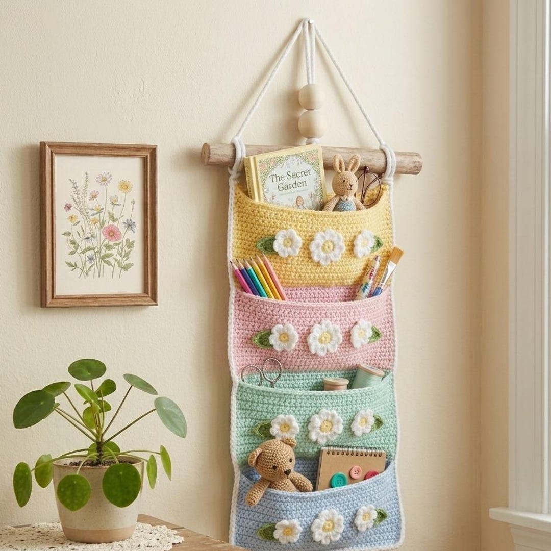 Crochet Wall Organizer Pattern PDF | Daisy Hanging Pocket Organizer ...