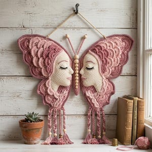 May include: A wall hanging featuring two crocheted faces in cream yarn, each forming a butterfly wing with layered pink scalloped edges. The center body consists of wooden beads, and the bottom edges feature braided tassels with wooden beads.