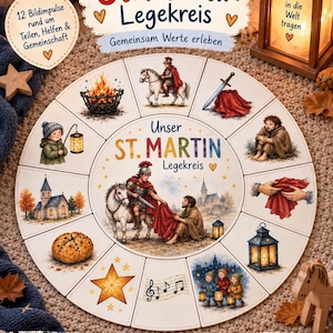 Puede incluir: Un juego educativo circular titulado Unser St. Martin Legekreis que presenta doce segmentos ilustrados con escenas de San Martín, incluyendo un soldado a caballo, una fogata, una iglesia, una linterna y notas musicales, con texto en alemán.