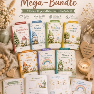 Könnte beinhalten: Ein Portfolio-Mega-Bundle für Kinder mit sieben thematischen Heften und Wichtel-Illustrationen. Die Titel umfassen Mein Weihnachts, Winter, Frühling, Sommer, Herbst, Start in der Kita und Alltag & Erlebnisse. Enthält insgesamt über 200 Seiten.