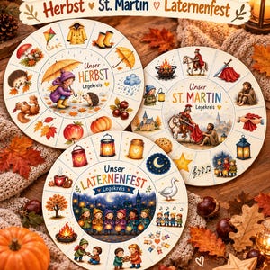 以下が含まれることがあります： 3er-Legekreis-Paketと題された3つの円形学習ホイールのセット。Herbst、St. Martin、Laternenfestのカラフルなイラストが描かれています。各ホイールには、秋、聖マルティン祭、ランタン祭に関連するテーマ別のアイコンやシーンが表示されています。