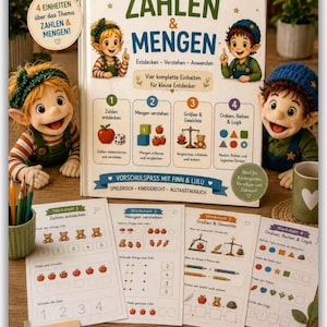 Könnte beinhalten: Ein pädagogisches Kinderbuch mit dem Titel Meine kleine Vorschulwerkstatt Zahlen & Mengen mit Illustrationen von zwei Elfen, begleitet von vier Arbeitsblättern, einem grünen Stiftehalter und zwei kleinen Notizkarten auf einer Holzoberfläche.