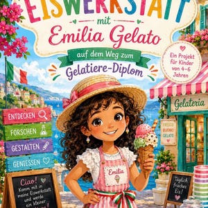 May include: A book cover titled Die Eiswerkstatt mit Emilia Gelato featuring a girl in a straw hat and pink apron holding an ice cream cone. The scene includes a gelateria, colorful signs, and a display case filled with various scoops of ice cream.