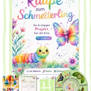 Könnte beinhalten: Ein farbenfrohes Lernposter mit dem Titel "Von der Raupe zum Schmetterling" und Illustrationen einer Raupe und eines Schmetterlings. Enthält Arbeitsblätter und ein Rad, das den Lebenszyklus des Schmetterlings zeigt. Für Kinder von 3-6 Jahren.