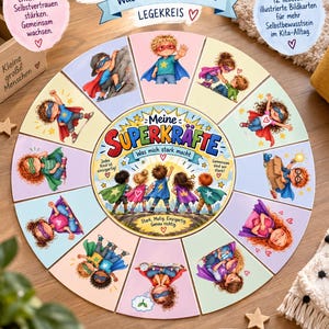 May include: A circular educational game titled Meine Superkräfte featuring twelve illustrated segments with children in superhero costumes. The centre displays five children in capes with the text Meine Superkräfte Was mich stark macht.
