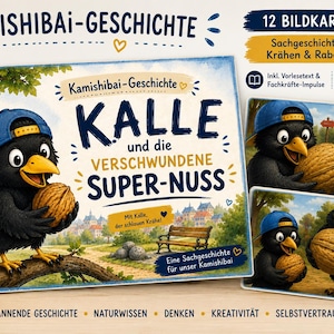 Op de afbeelding: Een Kamishibai-verhalenset getiteld Kalle und die verschwundene Super-Nuss met 12 geïllustreerde kaarten. De hoofdkaart toont een zwarte kraai met een blauwe honkbalpet die een grote walnoot vasthoudt, met extra kleinere kaarten erbij.