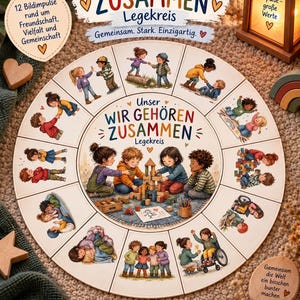 Könnte beinhalten: Ein kreisförmiges Lernpuzzle mit dem Titel Unser Wir Gehören Zusammen Legekreis, das zwölf illustrierte Segmente mit Kindern zeigt, die interagieren, spielen und sich helfen. Die Mitte zeigt Kinder beim Bauen mit Blöcken, umgeben von vielfältigen Szenen.