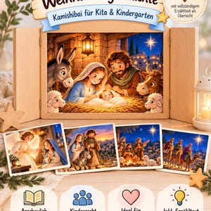 May include: A wooden Kamishibai theatre frame displaying a nativity scene illustration with Mary, Joseph, and the infant Jesus, surrounded by a donkey, sheep, and a cow. Includes 12 illustrated cards titled Die Weihnachtsgeschichte.