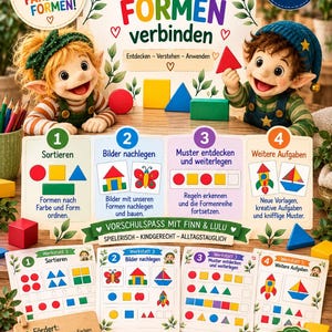 Op de afbeelding: Een voorschoolse leerset getiteld Meine kleine Vorschulwerkstatt Farben & Formen verbinden met twee elfenfiguren, kleurrijke geometrische houten blokken en vier instructiekaarten voor sorteren, patronen leggen en creatief bouwen.