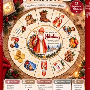 Könnte beinhalten: Ein kreisförmiges Lernspiel mit dem Titel Unser Nikolaus Legekreis, das eine zentrale Illustration des heiligen Nikolaus zeigt, umgeben von 12 Segmenten mit weihnachtlichen Motiven wie Stiefeln, Geschenken, Früchten, Nüssen und dem Datum 6. Dezember.
