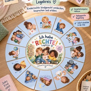 Op de afbeelding: Een rond educatief spelbord getiteld Ich habe RECHTE! Legekreis met twaalf geïllustreerde segmenten die kinderen in verschillende scenario's afbeelden. Het midden toont drie kinderen en een lijst met waarden. Bevat tekst en iconen.