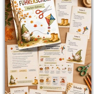 Può includere: Un set di fogli di attività didattiche intitolato Scheren-Führerschein Herbst-Edition con illustrazioni di uno gnomo, un aquilone e foglie autunnali. Le pagine includono esercizi di taglio con linee dritte, ondulate e a zigzag, oltre a un certificato.