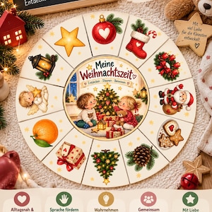 Könnte beinhalten: Ein kreisförmiges Lernbrett aus Holz mit dem Titel Meine Weihnachtszeit, das zwölf illustrierte Segmente mit Weihnachtsmotiven wie Stern, Christbaumkugel, Socke, Kranz, Weihnachtsmann, Plätzchen, Tannenzapfen, Tannenbaum, Geschenk, Orange, Engel und Laterne zeigt.