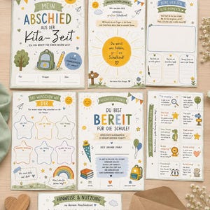 Könnte beinhalten: Ein Set aus Abschiedskarten und Schreibwaren für ein Kind, das den Kindergarten verlässt, mit farbenfrohen Illustrationen von Rucksack, Sonne und Sternen. Enthält Karten für Erinnerungen, Wünsche und eine Urkunde.