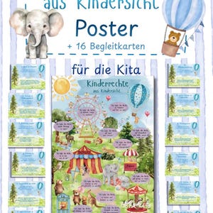 Peut inclure: Une affiche intitulée Kinderrechte aus Kindersicht accompagnée de 16 cartes. L'affiche centrale présente une scène de fête foraine avec une grande roue, un carrousel et des animaux, entourés de texte. L'ensemble inclut un éléphant et une montgolfière.