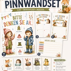 May include: A printable bulletin board set for parents featuring illustrated children, woodland animals, and checklists. Includes A4 sheets with text like ELTERN-PINNWANDSET, BITTE DENKEN SIE AN, and 10 small cards with various reminders and cute animal graphics.