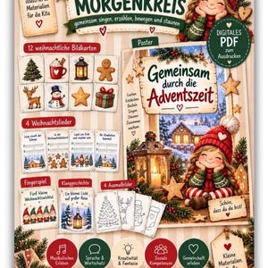 以下が含まれることがあります： Weihnachts-MORGENKREISと題されたデジタルPDF教材。クリスマスのイラスト、12枚の絵カード、4枚の歌のシート、指遊び、音の物語、4枚の塗り絵が含まれており、お祝いのモチーフやキャラクターで装飾されています。