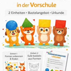 Op de afbeelding: Educatieve poster getiteld Geometrische Formen in der Vorschule met vier getekende dieren die een blauwe cirkel, groene driehoek, geel vierkant en rood vierkant vasthouden. Bevat secties voor vormherkenning, knutselen en een certificaat.