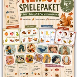 May include: A digital PDF autumn game pack featuring 36 illustrated cards with themes like forest animals, weather, and fruits. The set includes various activity sheets for matching, rhyming, and storytelling, decorated with fall leaves and a squirrel.