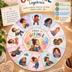 Op de afbeelding: Een cirkelvormig educatief spel getiteld Meine Gefühle Legekreis met twaalf geïllustreerde segmenten van kinderen die verschillende emoties uiten. Het midden toont een kind met een teddybeer, omringd door panelen die gevoelens zoals woede, verdriet en vreugde uitbeelden, met Duitse tekst.