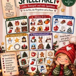 May include: A digital PDF Christmas game pack featuring illustrated cards for children. The set includes bingo-style boards with holiday themes like Santa, snowmen, and gingerbread, plus individual game tiles and educational activity sheets.