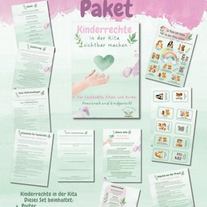 Peut inclure: Un ensemble de documents éducatifs intitulé Kinderrechte Paket, comprenant une affiche centrale avec un cœur vert, diverses fiches d'information, des listes de contrôle et des cartes illustrées avec des animaux pour les structures d'accueil.