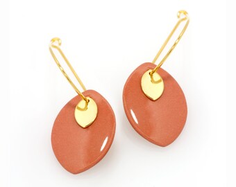 handmade porcelain earrings • terracotta • elegant ceramic jewelry • drop hoop earrings with pendant • minimalistic oval earrings