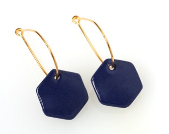 Hexagon earrings • dark blue • handmade ceramic earrings • gold hoop earrings • blue • minimalist jewelry • geometric earrings